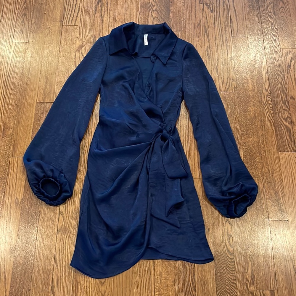 Lucy in the Sky blue silky wrap around long sleeve Mini Dress size xs